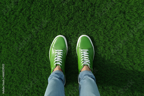 Selfie of green sneakers on green grass, top view. Space for text photo