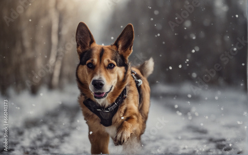 happy german shepherd dog in a snowy forest