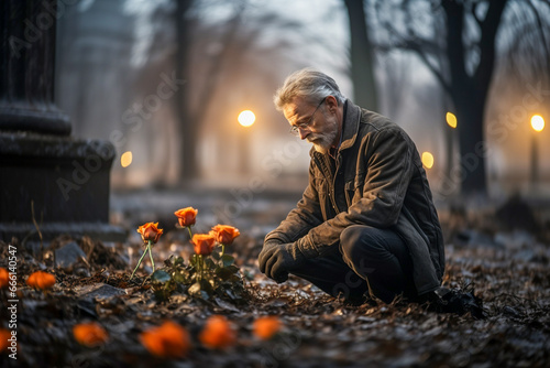 An elderly man kneeling at the grave and looking down