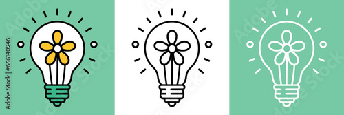 Light bulb with flower inside. Green energy concept. Energy saving and energy transition icon. Renewable energy logo outline flat design minimalist vector.