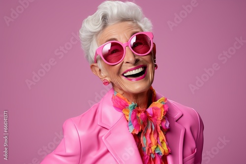 A stylish elderly woman with white hair in a fashionable pink ensemble with matching pink glasses. Standing in front of a bright pink backdrop © AI Visual Vault