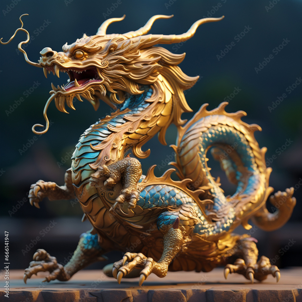 Naklejka premium A stunning 3D model of a golden, traditional Chinese dragon deity, embodying the spiritual beliefs of Asian culture with its intricate design and symbolism. Generative AI.