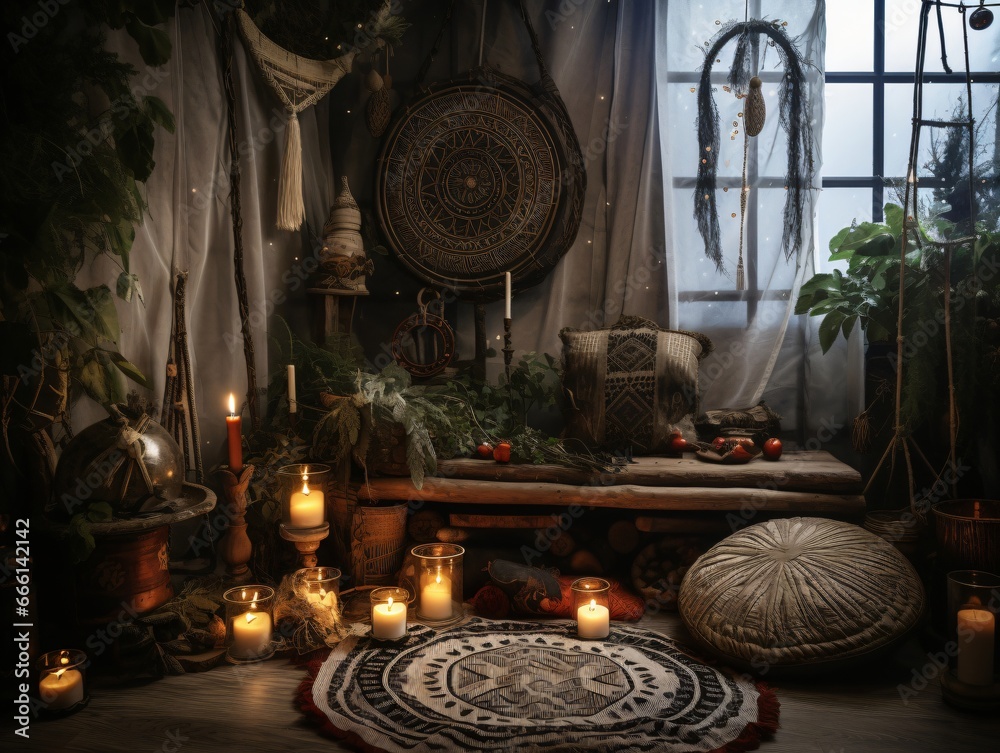 Bohemian interior with dreamcatchers and candles. Mystical and spiritual ambiance. New Year and Pagan Christmas concept. Suitable for book covers, posters, and thematic backgrounds