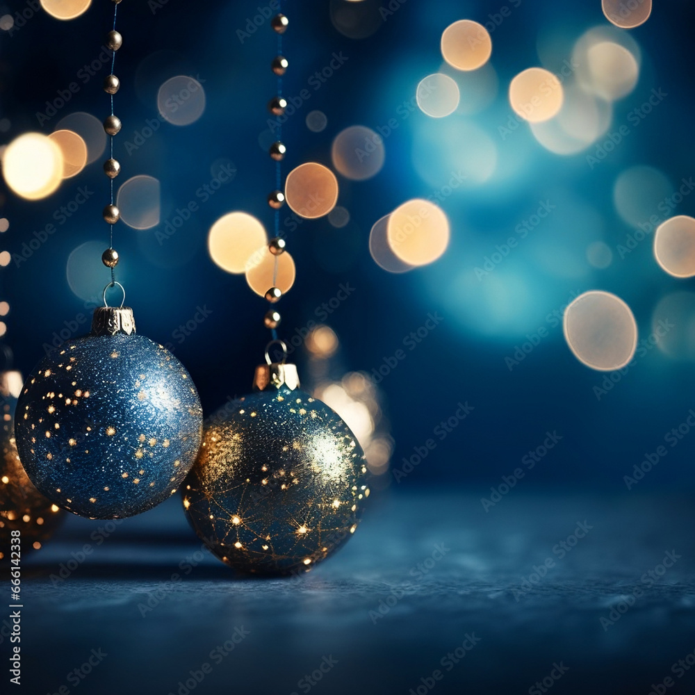 Capturing the enchanting magic of the season, this photo highlights festive bokeh lights and sparkling Christmas decorations on a deep blue backdrop. Capturing the enchanting magic of the season, this photo highlights festive bokeh lights and sparkling Christmas decorations on a deep blue backdrop.