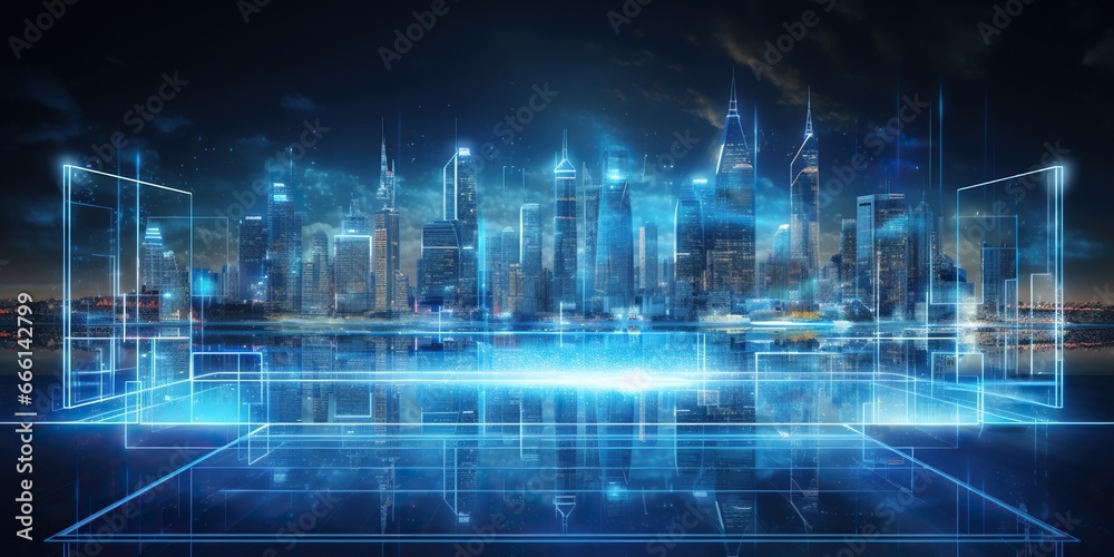 Holographic display of a futuristic city skyline , concept of Futuristic technology Holographic display of a futuristic city skyline , concept of Futuristic technology