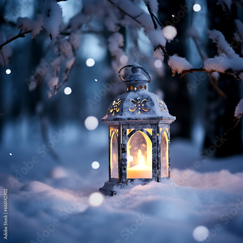 Beautiful winter background Christmas decoration with a lantern in the snow in a winter park image of frosted spruce branches and small drifts of pure snow with bokeh.