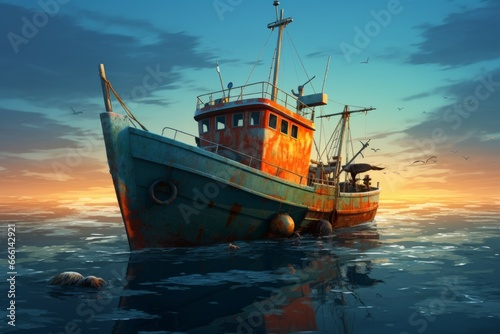 Sturdy Fishing boat. Net fishery ocean. Generate Ai © juliars