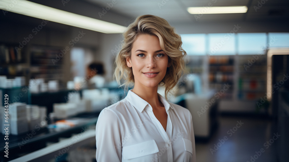 Portrait of beautiful young woman with blond hair in white shirt looking at camera and smiling while standing in pharmacy. AI generated Portrait of beautiful young woman with blond hair in white shirt looking at camera and smiling while standing in pharmacy. AI generated