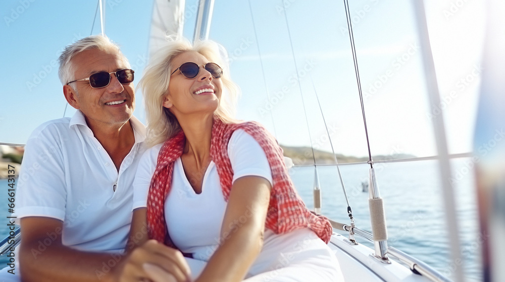 Beautiful senior couple sailing on a yacht on a sunny summer day. AI generation.