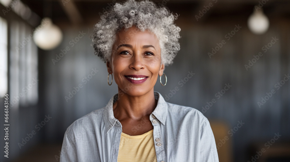 Portrait of a middle aged African American businesswoman standing in the office. AI generation Portrait of a middle aged African American businesswoman standing in the office. AI generation