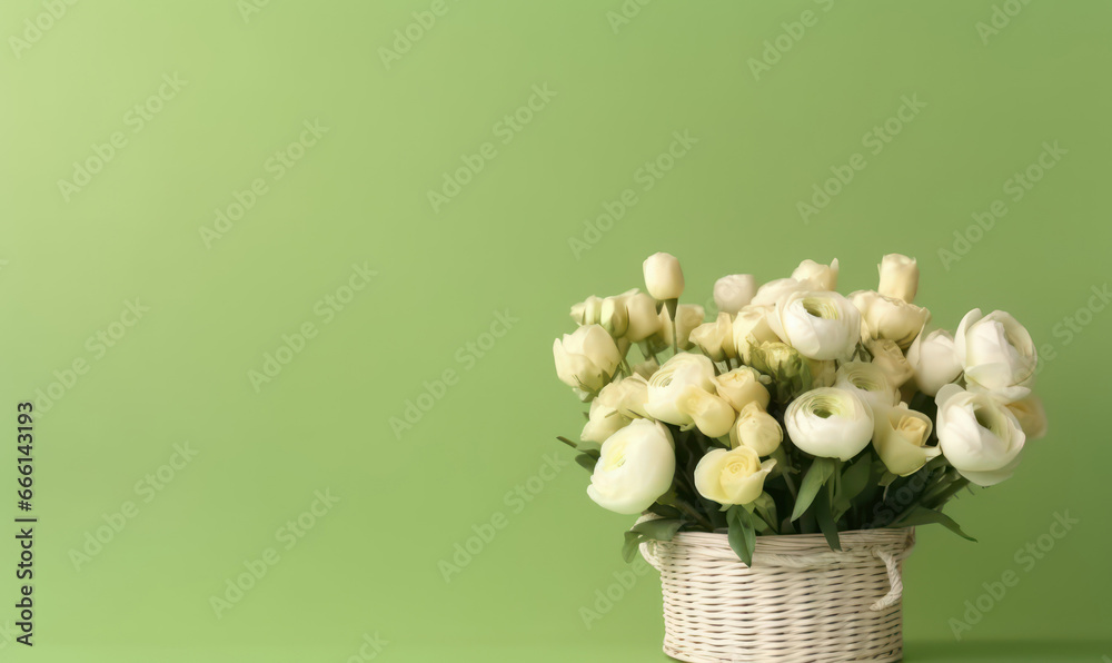 White peonies elegantly in a woven basket.