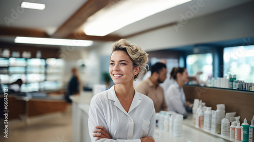 Portrait of beautiful young woman with blond hair in white shirt looking at camera and smiling while standing in pharmacy. AI generated