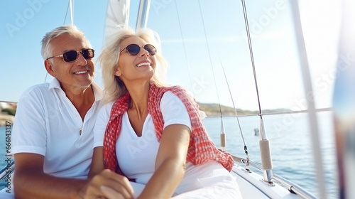 Beautiful senior couple sailing on a yacht on a sunny summer day. AI generation. © k_e_n