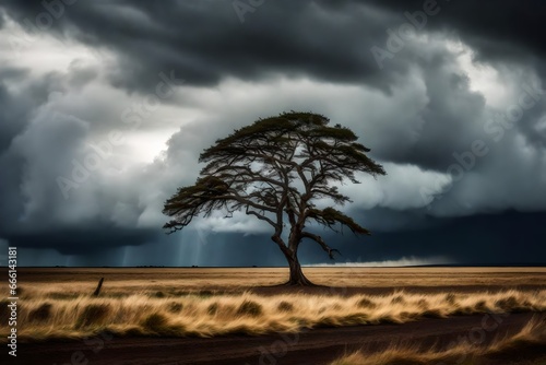  solitary, windswept tree on a vast, open plain with a dramatic, stormy sky