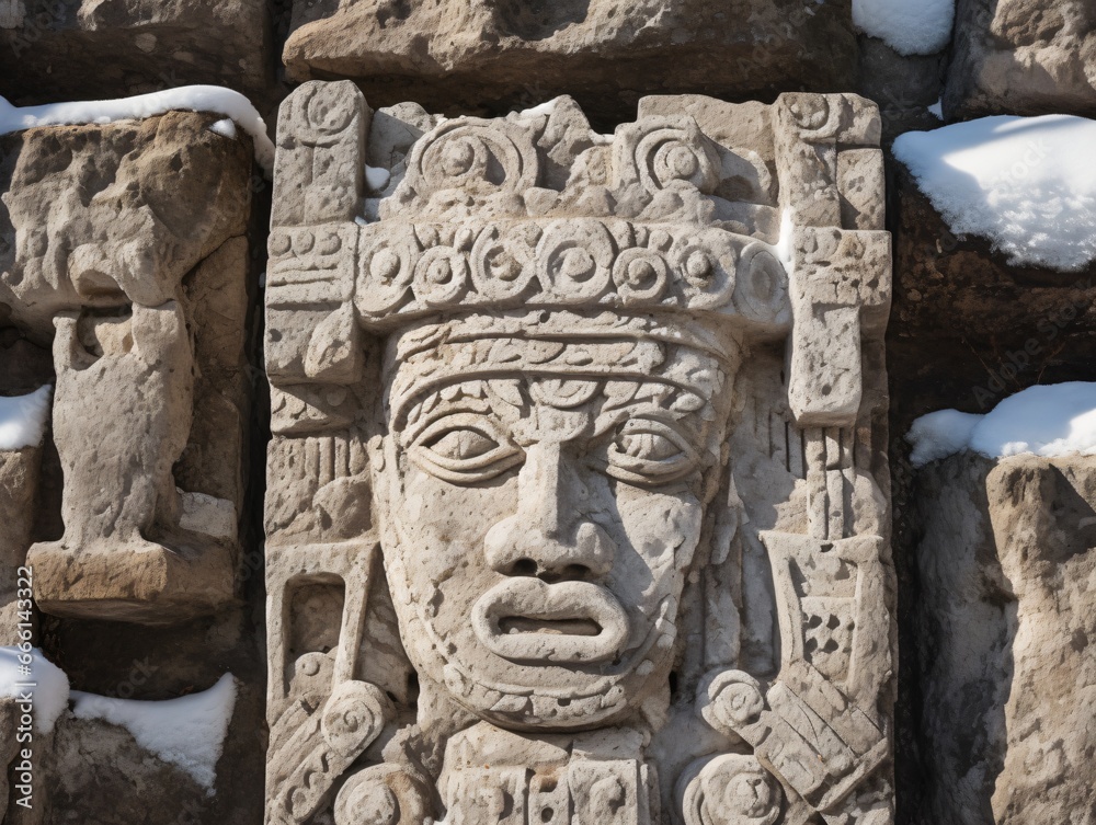 Ancient stone carving of a figure wearing an ornate head in snowy rocks. Archaeological monument. Pagan traditional holidays