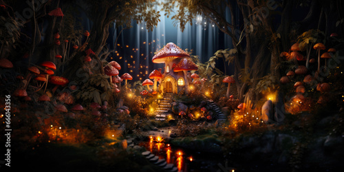 Valokuva Miniature fairy house in amanita muscaria mushroom