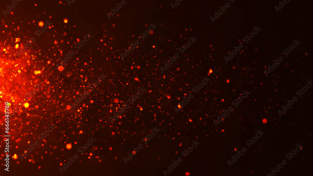 Colorful animation of bright particles flying horizontally. Dynamic particles randomly float in slow motion in space. Shimmering sparkling particles. Real colored particles in the air. 3d - obrazy, fototapety, plakaty 