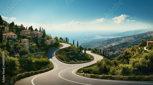 A twisty road ascending a steep hill with panoramic cityscape views