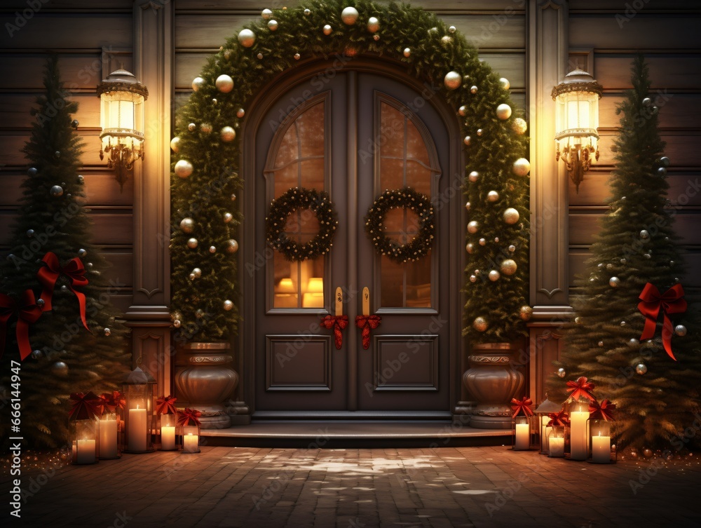 Festive front door adorned with Christmas decorations, wreath, and candlelight. Holiday welcome. New Year and Christmas concept. Ideal for greeting cards, advertisements, banner with place for text