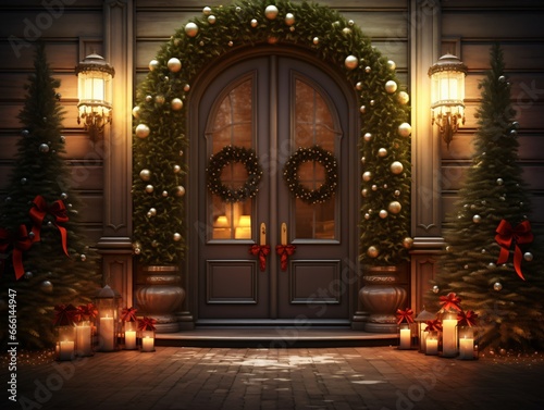 Festive front door adorned with Christmas decorations, wreath, and candlelight. Holiday welcome. New Year and Christmas concept. Ideal for greeting cards, advertisements, banner with place for text