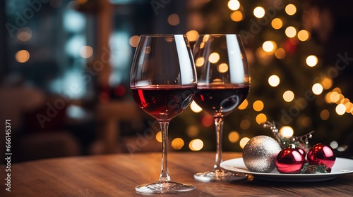 red wine on the table against the background of christmas tree