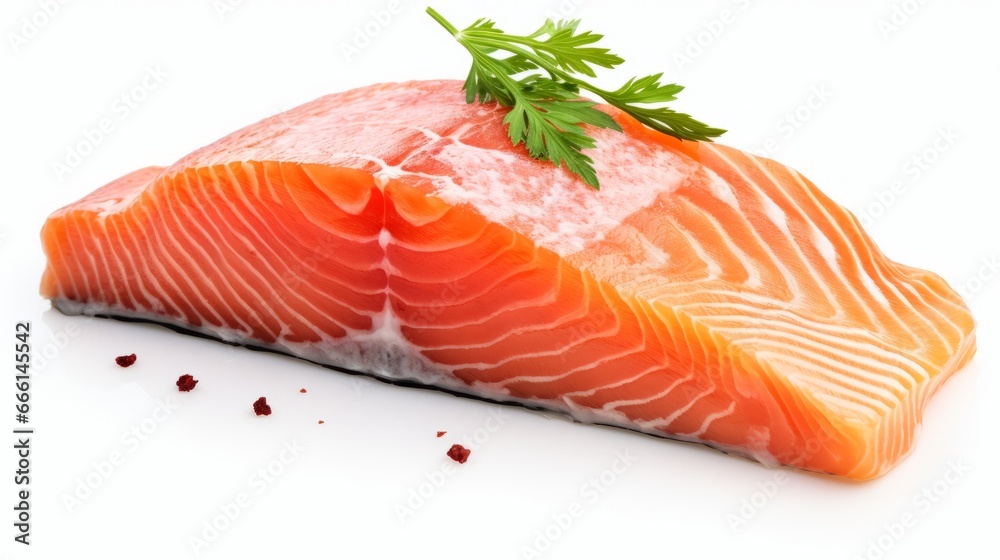 Juicy slice of fresh salmon with greens