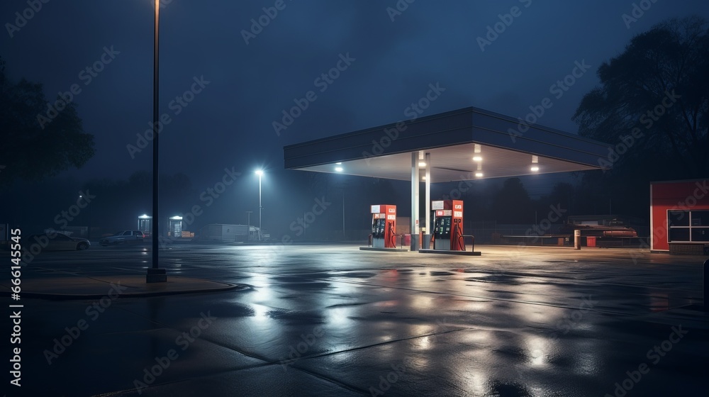 Modern gas station wide angle view - obrazy, fototapety, plakaty 