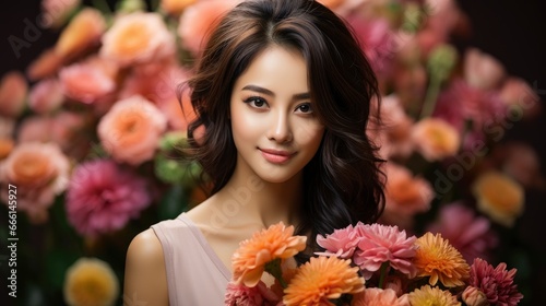  Portrait Beautiful Young Asian Woman Smile With Flower , Background Image , Beautiful Women, Hd