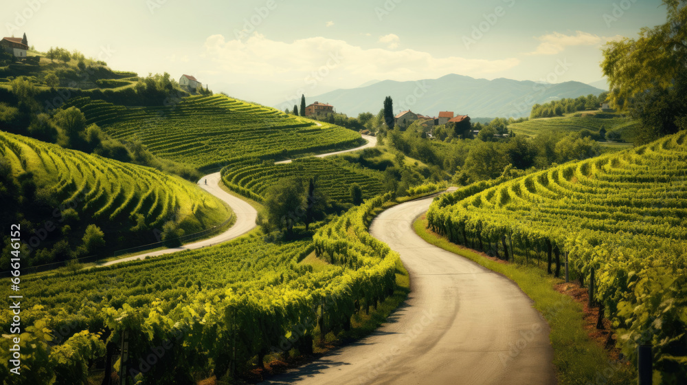 A winding road through a picturesque vineyard with lush grapevines