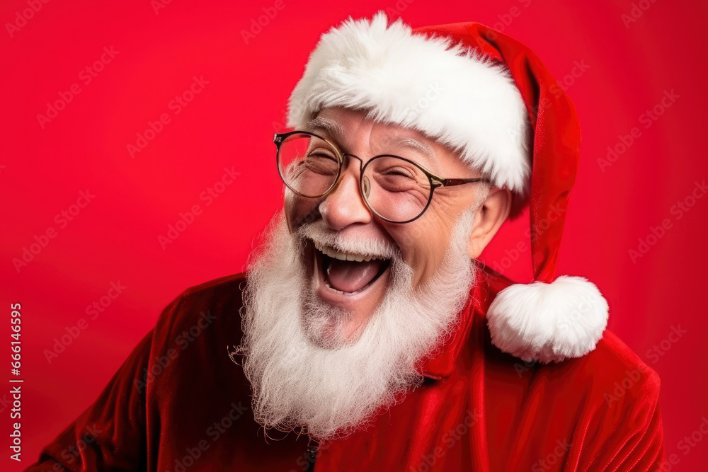 Close up face elderly man with gray beard in Santa Claus costume laughs, rejoices, smiles on plain red background. Merry new year, christmas, holiday. Funny happy Santa Claus Close up face elderly man with gray beard in Santa Claus costume laughs, rejoices, smiles on plain red background. Merry new year, christmas, holiday. Funny happy Santa Claus