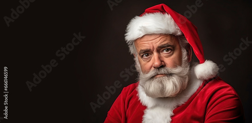 Portrait of elderly man with gray beard in Santa Claus costume is serious, sad, gloomy, thoughtful on dark black background. New Year, Christmas