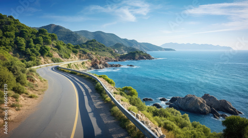 A winding coastal road with breathtaking views of a calm, turquoise sea