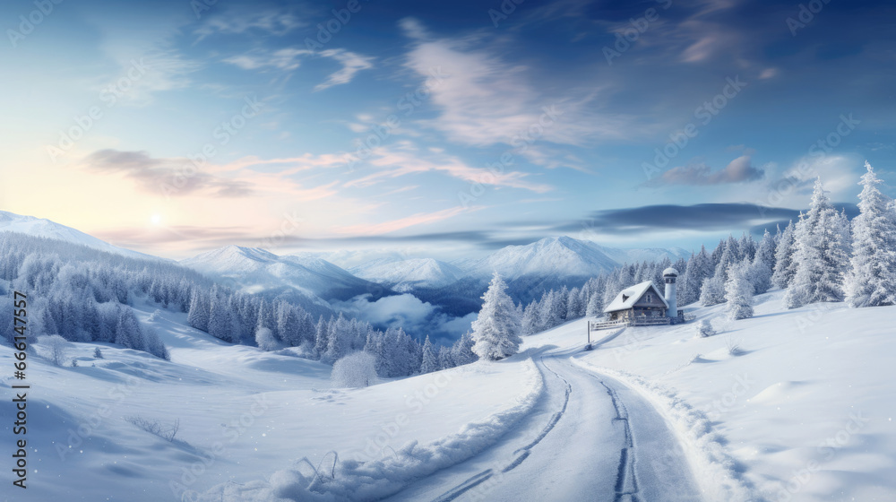 A winding road leading to a secluded cabin nestled in snowy landscapes - obrazy, fototapety, plakaty 
