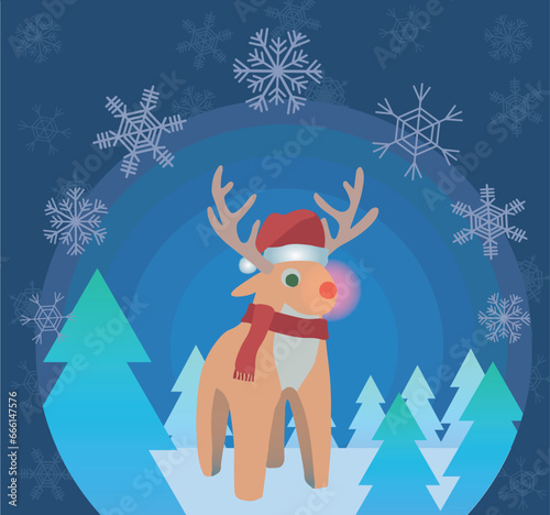 Winter Christmas with Rudolph reindeer and semi-spherical background with pine trees and snowflakes. Christmas square card. Vector illustration.