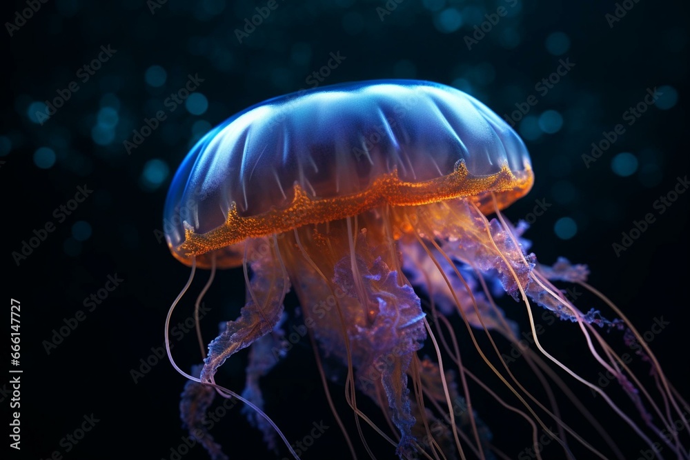 Macro shot of azure jellyfish against dark backdrop. Generative AI