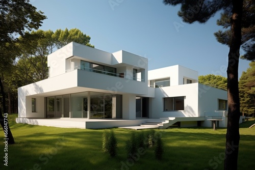 Contemporary residence with white facade, set on lush lawn beneath a cloudless sky. Generative AI © Phoenix