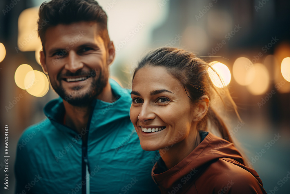 Generated AI picture of confident sporty people couple jogging on the street