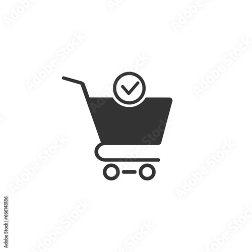 Shopping cart and check mark icon vector completed order, confirm flat sign symbols logo illustration isolated on white background black color. Concept design art for business and online Marketing