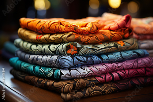 Generative AI image of vibrant multicolored folded fabrics market ethnic traditional clothing