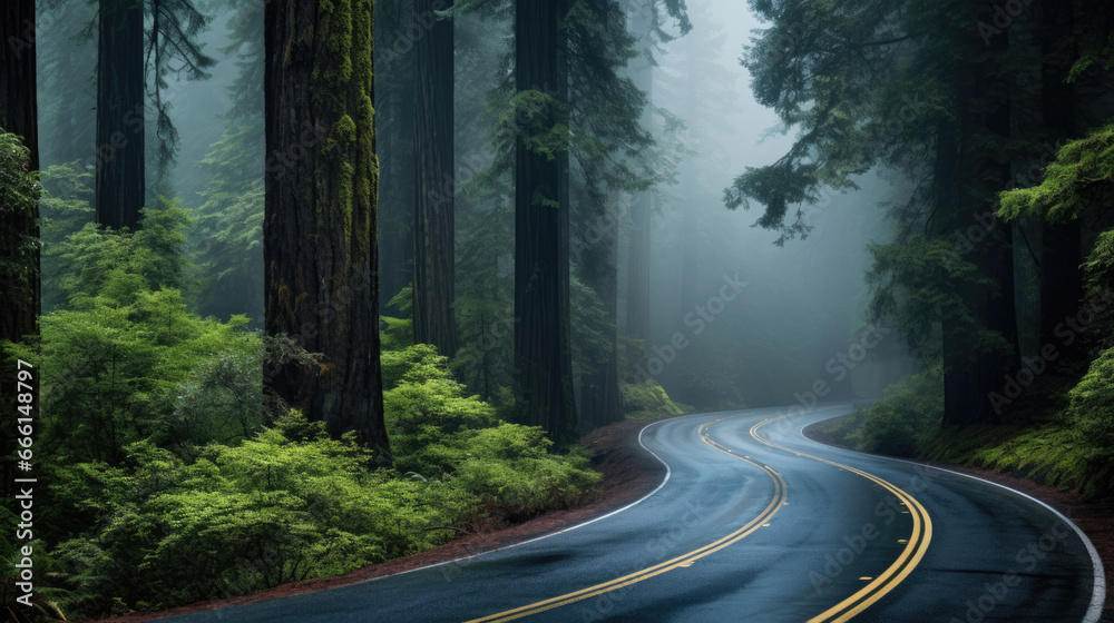 Fototapeta premium A winding road passing through a mist-shrouded, ancient redwood forest