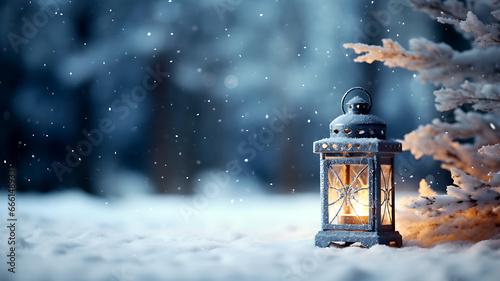 Beautiful winter background Christmas decoration with a lantern in the snow in a winter park image of frosted spruce branches and small drifts of pure snow with bokeh.