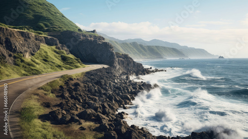 A coastal road hugging the shore with waves crashing against rugged rocks