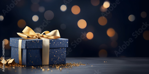 Blue gift box with a gold ribbon and a gold bow on a table on a black background