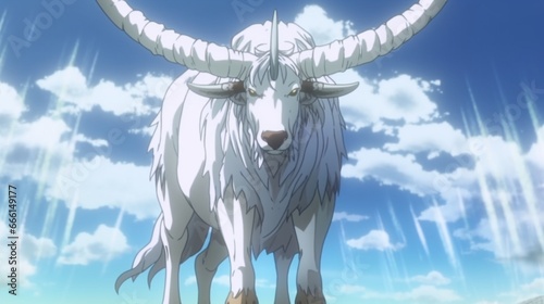 Bold anime syled depiction of a giant white Ox with.Generative AI