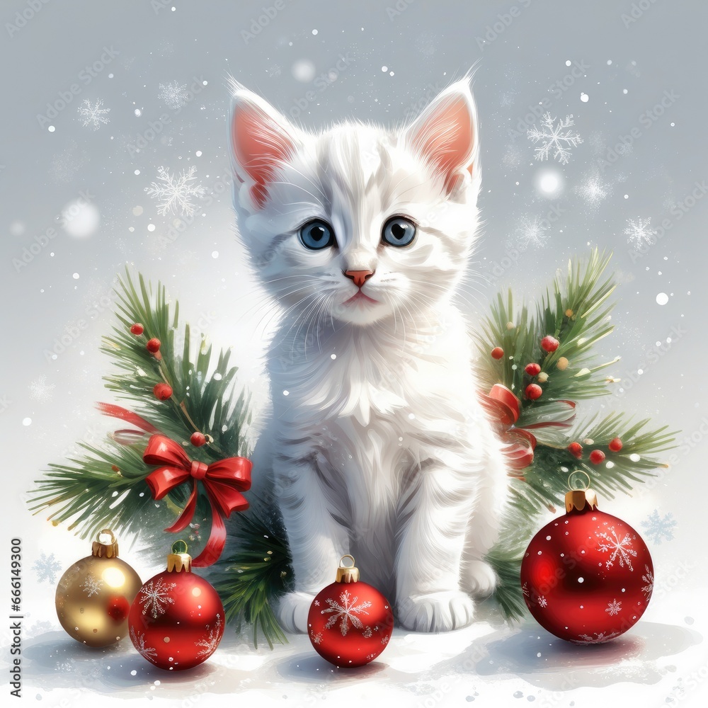 Feline Enjoying Festive Decor on Branch of Christmas Tree Feline Enjoying Festive Decor on Branch of Christmas Tree
