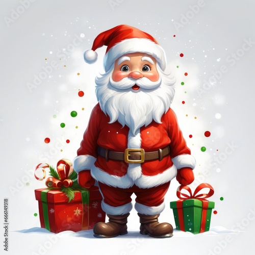 Festive Cartoon Santa Claus with Christmas Tree and Gifts