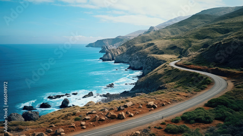 A winding coastal road with stunning views of a calm, turquoise sea