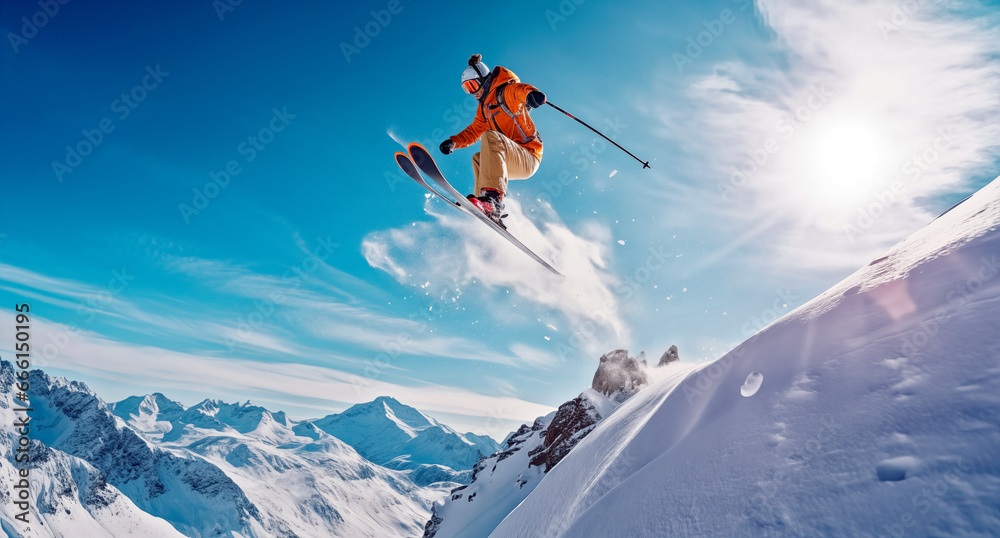 Skier jumping in the snowy mountain. Winter sport.4