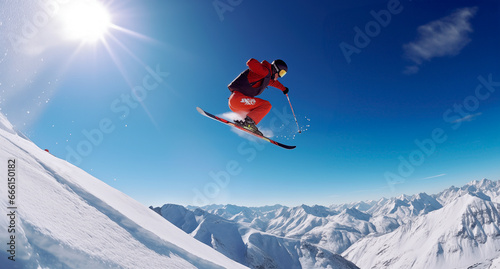 Skier jumping in the snowy mountain. Winter sport.2