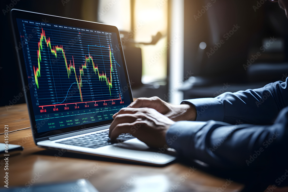 Finanzfokus - Ein Geschäftsmann analysiert Börsendiagramme und handelt an der Börse mit vollem Engagement Finanzfokus - Ein Geschäftsmann analysiert Börsendiagramme und handelt an der Börse mit vollem Engagement
